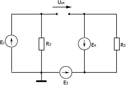 Если сопротивление резисторов R<sub>2</sub> = 30 Ом, R<sub>5</sub> = 10 Ом, а ЭВС источников Е<sub>1</sub> = 60 В, Е<sub>3</sub> = 20 В, Е<sub>4</sub> = 60 В, то напряжение холостого хода эквивалентного генератора составит…