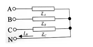 Для заданной трехфазной цепи постройте векторную диаграмму токов и напряжений. Графически, с помощью этой векторной диаграммы найдите ток нейтрального провода IN = I<sub>A</sub> + I<sub>B</sub> + I<sub>C</sub> <br /> Дано: Vф = 100 B, Z<sub>A</sub> = 100e<sup>j90°</sup>, Z<sub>B</sub> = 50e<sup>-j30°</sup>, Z<sub>C</sub> = 25e<sup>-j60°</sup>