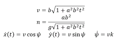 Самолет движется в вертикальной плоскости oxy, центр масс имеет скорость v=b√(1+a<sup>2</sup>b<sup>2</sup>t<sup>2</sup>), нормальная перегрузка(отношение нормального ускорения к ускорению свободного падения)  n=(ab<sup>2</sup>)/(g√(1+a<sup>2</sup>b<sup>2</sup>t<sup>2</sup>)). Найти закон движения тела x(t),y(t), если известно, что уравнения: x(t)=v cos⁡ψ, y(t)=v sin⁡ψ,  ψ =vk, где k-кривизна траектории.