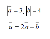 В плоскости заданы два вектора  a и b. Даны модули этих векторов  |a| = 3, |b| = 4, и угол между ними φ = 60°. Найти модуль вектора  u = 2a - b.