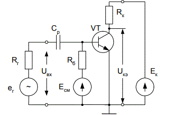 <b>Задача №2</b> Для заданной схемы транзисторного усилительного каскада определить: <br /><b>K<sub>U</sub>, K<sub>E</sub>, Rвх, Rвых,</b><br /> если Eк=12В; Rк= 6,2кОм; <br />Eсм=2В; Rб=560кОм; <br />Ср=10мкФ; ег=0,025В;  <br />Rг=10 кОм; f= 1000 Гц. <br />Параметры транзистора: <br />rб=150 Ом ; rэ=30 Ом; rк* = 80 кОм; β=50. 