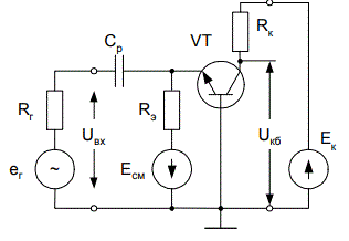 <b>Задача №16</b> Для заданной схемы транзисторного усилительного каскада определить: <br /><b>Есм</b> для обеспечения максимальной амплитуды неискаженного выходного сигнала, если <br />Eк=18В; Rк= 6,2кОм; Rэ=2кОм; <br />Ср=100мкФ; ег=0,5В; <br />Rг=1,5 кОм; f= 1000 Гц. <br />Параметры транзистора: rб=200 Ом ; rэ=30 Ом; <br />rк* = 75 кОм; β=55. 