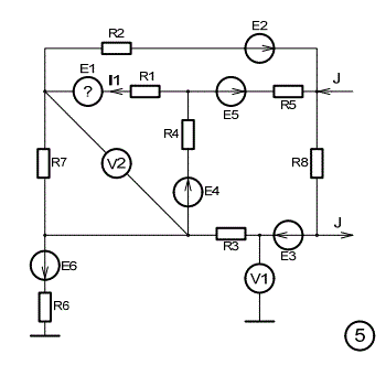 1.	Написать по законам Кирхгофа систему уравнений для определения неизвестных токов и э.д.с. в ветвях схемы; решать эту систему уравнений не следует. <br />2.	Определить неизвестные токи и э.д.с. в ветвях схемы методом  узловых потенциалов и методом контурных токов. <br />3.	Составить баланс мощностей для исходной схемы. <br />4.	Определить напряжения, измеряемые вольтметрами. <br />5.	Методом эквивалентного генератора определить ток во второй ветви (где R2 и E2), а также найти величину и направление э.д.с., которую надо дополнительно включить в эту же ветвь, чтобы ток в ней увеличился в два раза и изменил свое направление. <br />6.	Определить входную проводимость второй ветви и взаимную проводимость ветвей второй и третьей (где R3 и E3). <br />7.	Найти уравнение, выражающее зависимость тока в третьей ветви от сопротивления второй при постоянстве всех остальных параметров схемы.<br /> Схема 5 Данные (номер группы) 2