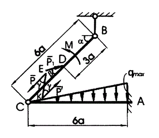 Определить зависимость реакций опор от угла приложения силы P1, построить графики Дано:  qma = 2.6 Н/м, M=2,6 Н·м P1 = 5,5 Н, P2 = 10 Н α = 60° a=2.8 м, γ = 30°, KE = 0.6 м<br />  Определить: R<sub>XA</sub>(β), R<sub>YA</sub>(β), M<sub>A</sub>(β), R<sub>A</sub>(β), R<sub>XC</sub>(β), R<sub>YC</sub>(β), R<sub>C</sub>(β), R<sub>B</sub>(β)