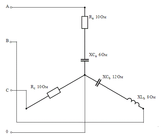 Дано: U = 220 B. Определить токи, активную и реактивную мощности, построить векторную диаграмму.