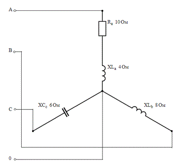 Дано: U = 380 B. Определить токи, активную и реактивную мощности, построить векторную диаграмму.