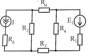 Вычислить ток в резисторе R<sub>н</sub> методом эквивалентного генератора, если R<sub>н</sub>  = 10 Ом, R<sub>1</sub> = 14 Ом, R<sub>2</sub> = 10 Ом, R<sub>3</sub> = 12 Ом, R<sub>4</sub> = 14 Ом, R<sub>5</sub> = 21 Ом, E<sub>1</sub> = 70 B, J = 2 A
