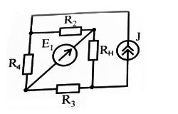 Вычислить ток в резисторе R<sub>н</sub> методом эквивалентного генератора, если R<sub>н</sub> = 10 Ом, R<sub>2</sub> = 5 Ом, R<sub>3</sub> = 7 Ом, R<sub>4</sub> = 6 Ом, Е<sub>1</sub> = 23 В,  I = 3 А