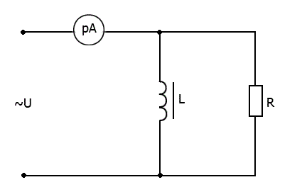 Катушка и резистор включены параллельно. Определить показание амперметра, если известны: r<sub>L</sub> = 2 Ом, L = 100 мГн, r<sub>R</sub> = 15 Ом, f = 50 Гц, U = 220 B. Записать комплексы всех токов. 