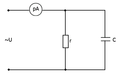 Определить показание амперметра, если U = 380 В, r = 30 Ом, С<sub>1</sub> = 80 мкФ, f = 50 Гц. Записать комплексы всех токов. 