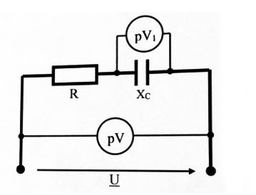 Чему равно показание вольтметра pV, включенного в цепь синусоидального тока, если вольтметр pV<sub>1</sub> показывает 24 B, R = 16 Ом, X<sub>C</sub> = 12 Ом. <br /> 1.56 В; <br /> 2. 40 В; <br /> 3.24 В; <br /> 4. 8В; <br /> 5.56√2 В