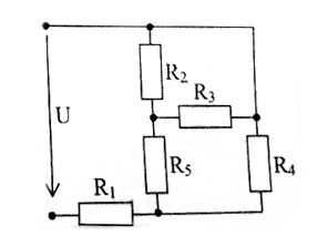 Определить напряжение источника питания схемы, если I<sub>R4</sub> = 1 А, R<sub>1</sub> = R<sub>2 </sub>= R<sub>3</sub> = R<sub>4</sub> = R<sub>5 </sub>= 2 Ом.