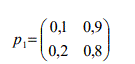 Задана матрица Р<sub>1 </sub>вероятностей перехода цепи Маркова из состояния i (i=1,2) в состояние j (j=1,2) за один шаг. Найти матрицу Р<sub>2</sub> перехода из состояния i в состояние j за два шага