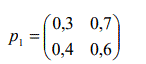 Задана матрица Р<sub>1</sub> вероятностей перехода цепи Маркова из состояния i (i=1,2) в состояние j (j=1,2) за один шаг. Найти матрицу Р<sub>2</sub> перехода из состояния i в состояние j за два шага