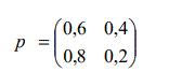 Задана матрица Р<sub>1</sub> вероятностей перехода цепи Маркова из состояния i (i=1,2) в состояние j (j=1,2) за один шаг. Найти матрицу Р<sub>2</sub> перехода из состояния i в состояние j за два шага