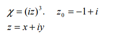 Представить заданную функцию W=f(z), где z=x+iy, в виде W=u(x,y)+iv(x,y); проверить, является ли она аналитической. Если да, то найти значение её производной в заданной точке  z<sub>0</sub>  <br /> χ = (iz)<sup>3</sup>, z<sub>0</sub> = - 1 + i, z = x + iy 