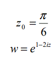 Представить заданную функцию W=f(z), где z=x+iy, в виде W=u(x,y)+iv(x,y); проверить, является ли она аналитической. Если да, то найти значение её производной в заданной точке z<sub>0</sub>  <br /> z<sub>0</sub> = π/6, ω = e<sup>1-2iz</sup>