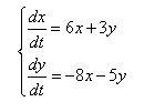   Дана система линейных дифференциальных уравнений с постоянными коэффициентами.  <br /> Требуется: 1) найти общее решение системы с помощью характеристического уравнения; 2) записать в матричной форме данную систему и её решение. <br /> dx/dt = 6x + 3y <br /> dy/dt = -8x - 5y