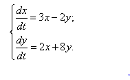 Дана система линейных дифференциальных уравнений с постоянными коэффициентами.  <br />  Требуется: 1) найти общее решение системы с помощью характеристического уравнения; 2) записать в матричной форме данную систему и её решение. <br /> dx/dt = 3x - 2y <br /> dy/dt = 2x + 8y