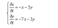Дана система линейных дифференциальных уравнений с постоянными коэффициентами. <br />  Требуется: 1) найти общее решение системы с помощью характеристического уравнения; 2) записать в матричной форме данную систему и её решение. <br /> dx/dt = - x - 5y <br /> dy/dt = -7x - 3y