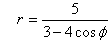 Линия задана уравнением  r = r(φ)    в полярной системе координат. <br /> Требуется: <br /> 1) построить линию по точкам, начиная от φ = 0   до   φ = 2π  и придавая φ значения через промежуток   π/8 ; <br /> 2) найти уравнение данной линии в прямоугольной декартовой системе координат, у которой начало совпадает с полюсом, а положительная полуось абсцисс – с полярной осью; <br /> 3) по полученному уравнению определить, какая это линия <br /> r = 5/(3 - 4cos(φ))