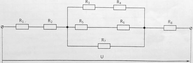 Для схемы, показанной на рисунке 3.1, по условию задания, вычертить расчетную схему; определить силу тока на участках электрической цепи; определить падение напряжения на участках электрической цепи; правильность решения проверить составлением баланса мощностей.<br /><b>Вариант 3</b><br /> Дано: U = 300 В, R1 = 10 Ом, R2 = 20 Ом, R3 = 30 Ом, R5 = 40 Ом, R7 = 50 Ом