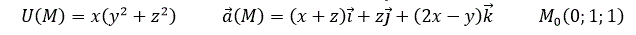 Вычислить градиент скалярного поля U(M), ротор и дивергенцию поля a(M) в точке M<sub>0</sub> <br /> U(M)=x(y<sup>2</sup>+z<sup>2</sup>), a(M)=(x+z) i +zj +(2x-y) k, M<sub>0</sub> (0;1;1)