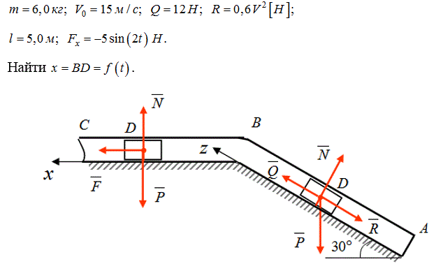 <b>Задача Д1.</b> Груз D массой m, получив в точке А начальную скорость V0, движется в изогнутой трубе АВС, расположенной в вертикальной плоскости; участки трубы один горизонтальный, а другой наклонный. На участке АВ на груз, кроме силы тяжести, действуют постоянная сила Q (ее направление показано на рисунках) и сила сопротивления среды R, зависящая от скорости V  груза (направлена против движения).  <br />В точке В груз, не изменяя значения своей скорости, переходит на участок BС трубы, где на него кроме силы тяжести, действует переменная сила F, проекция которой на ось х задана. <br />Считая груз материальной точкой и зная расстояние АB=l или время t движения груза от точки А до точки В, найти закон движения груза на участке BC, т.е. x=f(t), где x=BD. Трением груза о трубу пренебречь