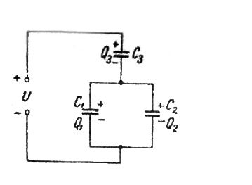 Определить заряд и энергию каждого конденсатора на рисунке, если система подключена в сеть с напряжением U = 240 В. <br /> Емкости конденсаторов: С<sub>1</sub> = 50 мкФ, С<sub>2</sub> = 150 мкФ, С<sub>3</sub> = 300 мкФ.