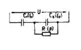 Электротехническое материаловедение <br /> Диэлектрик плоской формы помещен между электродами, к которым подведено напряжение, равное U = 12 кВ. Требуется найти изменение тангенса угла диэлектрических потерь, общей ёмкости и диэлектрических потерь W в зависимости от частоты, меняя ее от 0 до 10<sup>6</sup> Гц, пользуясь следующей схемой замещения для данного диэлектрика: