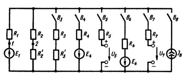   Для электрической цепи постоянного тока определить токи I<sub>1</sub>-I<sub>7</sub> в ветвях резисторов R<sub>1</sub>-R<sub>7</sub>, составить баланс мощностей, а также определить режим работы источников питания и напряжение U<sub>12</sub> между точками 1 и 2 цепи. Сопротивления резисторов R<sub>1</sub>-R<sub>7</sub>, ЭДС Е<sub>1</sub> – Е<sub>6</sub> и напряжении U<sub>5</sub> и U<sub>7</sub> источников питания, ток I<sub>8</sub> источника тока и положения выключателей В<sub>3</sub> – В<sub>5</sub> для соответствующих вариантов задания приведены в таблице. Задачу решить методом применения уравнений, составленных по законам Кирхгофа. <br />Вариант 10<br />Дано: R<sub>1</sub> = 2 Ом, R<sub>2</sub> = 2 Ом, R<sub>2’ </sub>= 2 Ом, R<sub>3</sub> = 2 Ом, R<sub>3’</sub> = 3 Ом, Е<sub>1</sub> = 110 В, I<sub>8</sub> = 8 A Выключатели разомкнуты: В<sub>4</sub>, В<sub>5</sub>, В<sub>6</sub>, В<sub>7</sub>. <br />