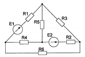 <b>СЛОЖНЫЕ ЦЕПИ ПОСТОЯННОГО ТОКА </b> 3адача N1<br />  Для разветвленной электрической цепи, представленной на рисунке, требуется:  <br />1)	На основе законов Кирхгофа составить уравнения для определения токов (решать систему уравнений не требуется); <br />2)	Определить токи в ветвях схемы методом контурных токов; <br />3)	Составить баланс мощностей.   <br />  <b>Вариант 9 </b> <br /> Дано:  E1 = 110 В, E2 = 150 В,  <br />R1 = 3 Ом, R2 = 2 Ом, R3 = 22 Ом, R4 = 17 Ом, R5 = 14 Ом, R6 = 13 Ом