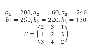 Решить транспортную задачу a<sub>1</sub>=200, a<sub>2</sub>=160, a<sub>3</sub>=240, b<sub>1</sub>=250, b<sub>2</sub>=220, b<sub>3</sub>=130 <br /> 