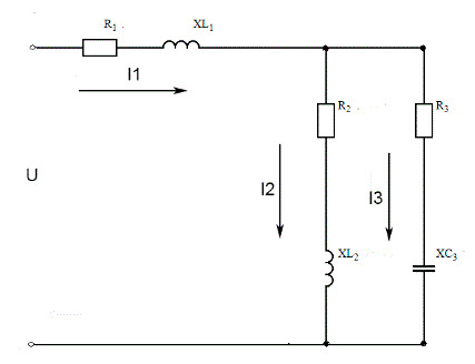 Определить токи в ветвях, выполнить проверку составлением баланса мощностей, построить векторную диаграмму токов и напряжений. <br />Дано:  U=100sin(ωt+30°) <br />R1 = 50 Ом, R2 = 15 Ом, R3 = 20 Ом <br />X1 = 60 Ом, X2 = X3 = 55 Ом