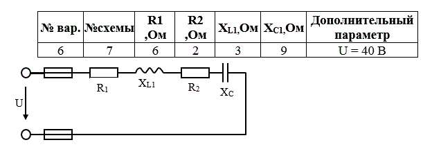 <b>Задача 2.</b> Неразветвленная цепь переменного тока содержит активные и реактивные сопротивления. Схема цепи приведена на соответствующем рисунке. Величины всех сопротивлений и один из дополнительных параметров заданы в табл. 3. <br />Определить: <br />1)	полное сопротивление Z; <br />2)	напряжение U, приложенное к цепи; <br />3)	силу толка в цепи I ; <br />4)	угол сдвига фаз (величину и знак); <br />5)	активную Р, реактивную Q и полную S мощности, потребляемые цепью. <br />Начертить в масштабе векторную диаграмму напряжений цепи и подробно объяснить ее построение. Дать определение переменного тока, описать его параметры.  <br />Вариант 6