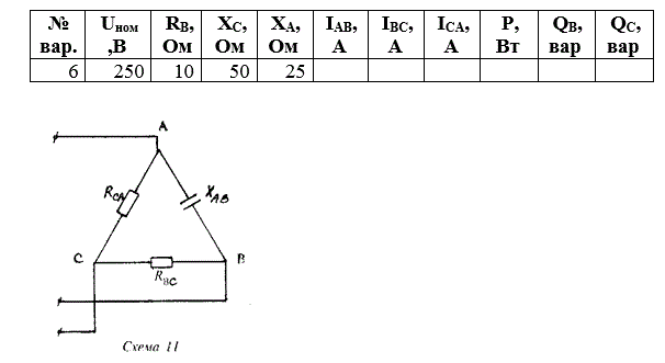 <b>Задача № 5</b> Три сопротивления соединены в треугольник с нейтральным проводом и включены в трехфазную цепь переменного тока с линейным напряжением Uном. Схема цепи представлена на схеме 11. В фазах цепи протекают фазные токи IAB, IBC, ICA; IA, IB, IC – линейные токи. Цепь потребляет активную Р, реактивную Q и полную S мощности. Известные величины указаны в табл. 5, остальные величины необходимо определить. Линейные токи определить из векторной диаграммы, начерченной в масштабе. Построение диаграммы подробно пояснить. Дать определение соединению в треугольник. Как измерить напряжение фазное, линейное?<br /> Вариант 6