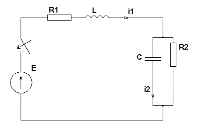 Найти:<br /> 1. Выражения для токов i1(t) и i2(t) классическим методом.  <br />2. Практическую длительность переходного процесса, а в случае колебательного характера этого процесса также и период свободных колебаний и логарифмический декремент колебаний <br />3. Построить графики переходных процессов токов i1(t) и i2(t) <br />4. Рассчитать переходные процессы токов i1(t) и i2(t) с помощью программы моделирования электрических и электронных схем. <br /><b>Вариант 8</b> <br />Дано: R = 20 Ом, R1 = 40 Ом, R2 = 5 Ом, L = 20 мГн, C = 200 мкФ, Е = 100 В