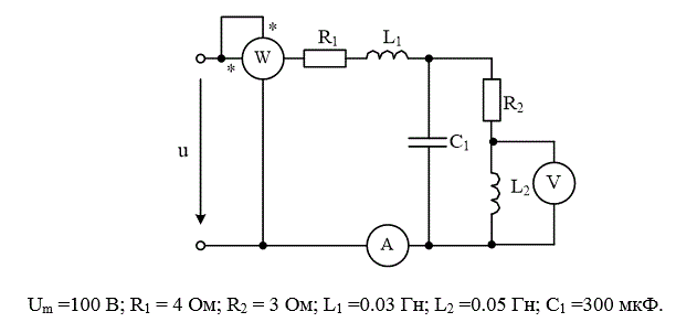 <b>Расчет разветвленной электрической цепи переменного тока</b><br />Напряжение на зажимах источника изменяется по закону u=Um∙sinωt. Частота питающего напряжения f= 50 Гц. <br />1. Определить показания приборов. <br />2. Построить векторную диаграмму токов и топографическую диаграмму напряжений. <br />3. Определить закон изменения тока источника ЭДС. <br />4. Определить закон изменения напряжения между точками, к которым подключен вольтметр. <br />5. Определить активную, реактивную и полную мощности источника, активную, реактивную и полную мощности приемников. Составить и оценить баланс мощностей. Рассчитать коэффициент мощности. <br />6. Определить характер (индуктивность, емкость) и параметры элемента, который должен быть включен в электрическую цепь последовательно с источником ЭДС для того, чтобы в ней имел место резонанс напряжений<br /> Вариант 24