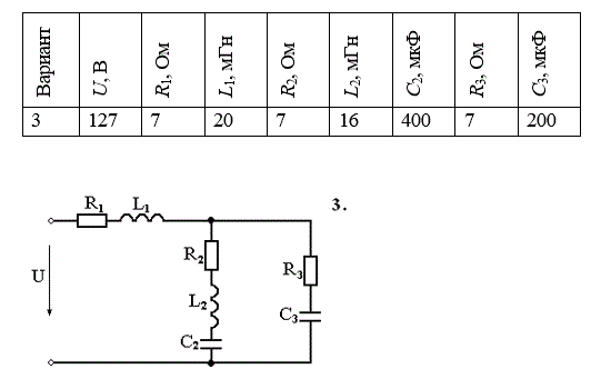 <b>Расчет разветвленной цепи однофазного синусоидального тока с одним источником электрической энергии</b> <br /><b>Задача 3</b> <br />Для цепи синусоидального переменного тока (рисунок 4) заданы параметры включенных в нее элементов и действующее значение напряжения не ее зажимах (таблица 4), частота питающего напряжения f=50 Гц.  Необходимо: <br />1) Определить действующие значения токов в ветвях и в неразветвленной части цепи комплексным методом. <br />2) Записать выражения для мгновенных значений напряжения на участке цепи с параллельным соединением и токов в ветвях. <br />3) Построить векторную диаграмму. 4) Составить баланс мощностей<br /> <b>Вариант 3</b>