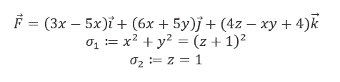 Требуется: <br />  1)  найти поток векторного поля F = Pi + Qj + Rk через замкнутую поверхность σ = σ<sub>1</sub> + σ<sub>2</sub> (выбирается внешняя нормаль к σ);  <br /> 2)  вычислить циркуляцию векторного поля F по контуру L, образованному пересечением поверхностей σ<sub>1</sub> и σ<sub>2 </sub>(направление обхода выбирается так, чтобы область, ограниченная контуром L находилась слева);  <br /> 3)  проверить правильность вычисленных значений потока и циркуляции с помощью формул Гаусса и Стокса; <br />  4)  дать заключение о наличии источников или стоков внутри области, ограниченной поверхностью σ;  <br /> 5)  сделать чертеж поверхности σ .