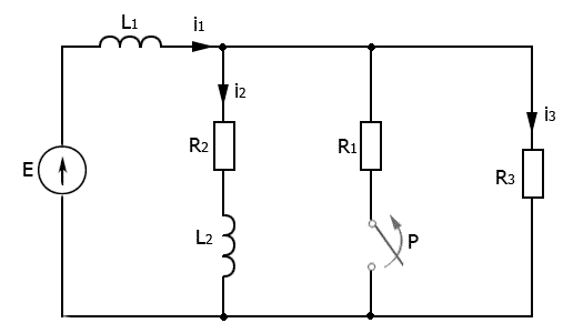 Для заданной схемы найти закон изменения токов во всех ветвях цепи и напряжений на реактивных элементах после коммутации. <br />В качестве коммутации подразумевается замыкание или размыкание ключа. <br />Решение осуществить операторным методом и построить графики найденных токов и напряжений. <br />Дано Е = 288 В; R1 = 5 Ом; R2 = 10 Ом; R3 = 15 Ом; L1 = 30 мГн;  L2 = 20 мГн;