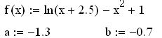 Методом бисекции найти решение нелинейного уравнения на отрезке с точностью. Выбрав полученное решение в качестве начального приближения, найти решение уравнения методом простой итерации с точностью. Для метода простой итерации обосновать сходимость и оценить достаточное для достижения заданной точности число итераций. <br /> f(x): = ln(x + 2,5) - x2 + 1, a: = -1,3, b: = -0,7