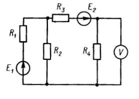 Вольтметр в электрической цепи, изображенной на рис. 6, показывает напряжение U. Сопротивления в схеме и ЭДС Е2 известны. Найти токи во всех ветвях схемы, а также ЭДС Е1 <br /><b>Вариант 3</b>  <br /> Дано: U = 15 В, R1 = 5 Ом, R2 = 11 Ом, R3 = 11 Ом, R4 = 3 Ом, E2 = 2 В