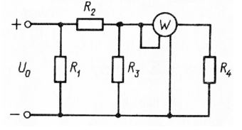 В электрической цепи, изображенной на рис., известны показания ваттметра Р, а также даны сопротивления резисторов. Рассчитать токи во всех ветвях цепи и напряжения на резисторах, а также напряжение питания. <br /><b>Вариант 3</b><br />Дано:P = 45 Вт, R1 = 8 Ом, R2 = 16 Ом, R3 = 3 Ом, R4 = 5 Ом