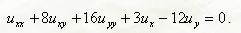 Найти общее решение дифференциального уравнения в частных производных второго порядка: <br /> u<sub>kx</sub> + 8u<sub>ky</sub> + 16u<sub>yy</sub> + 3u<sub>k</sub> - 12u<sub>y</sub> = 0