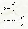 Вычислить площади фигур, ограниченных графиком функций <br /> y = x<sup>2</sup>/4 <br /> y = 3x - (x<sup>2</sup>/2)