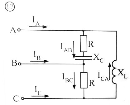 Задача 17<br />Определить линейные и фазные токи, активную мощность. <br />Построить векторную диаграмму токов и напряжений <br />Дано: Ibc = 10 A, R = 20 Ом, XL = Xc = 20 Ом