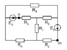Определить ток в одной из ветвей методом эквивалентного генератора. <br />Дано: E2=14 В, E3=25 В <br />R1=8 Ом, R2=10 Ом, R3=6 Ом, R4=15 Ом, R5=21 Ом, R6=28 Ом