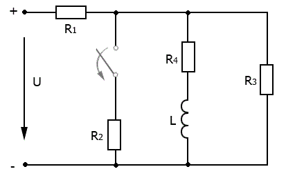 <b>Переходные процессы в линейных электрических цепях.</b><br /> Задача 2. <br />На входе цепи действует источник постоянного напряжения U/ Рассчитать токи i(t) и напряжения u(t) всех ветвей электрической цепи в переходном процессе после замыкания (либо размыкания) ключа, построить графики токов и напряжений. <br />Расчет выполнить классическим методом и операторным методом. <br />Вариант 049. Схема 9   <br />Дано: U = 100 В, L = 0.9 мГн, R1 = R2 = R3 = R4 = 40 Ом