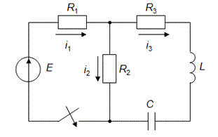 <b>Расчёт переходного процесса в цепи постоянного тока </b> <br />В заданной RLC-цепи постоянного тока переходный процесс вызывается замыканием ключа. <br />РАССЧИТАТЬ: <br />а) переходные напряжение и ток конденсатора классическим методом;  <br />б) переходный ток конденсатора операторным методом. <br />ИЗОБРАЗИТЬ на одном графике кривые uС(t) и iС(t). В случае апериодического процесса кривые построить в интервале 0…3τ1,  где τ1 =1/|p1| , p1 - меньший по модулю корень характеристического уравнения. В случае колебательного процесса кривые построить в интервале 0…3(1/δ), где δ - вещественная часть комплексно-сопряжённых корней характеристического уравнения. <br />Во всех вариантах действует источник постоянной ЭДС E=100 В, индуктивность L=100 мГ. <br />Вариант задания указывается преподавателем или определяется двумя последними цифрами шифра студента.<br /> Вариант 59<br /> Исходные данные для расчета: R1 = 25 Ом; R2 = 25 Ом; R3= 15 Ом; C = 130 мкФ; L = 100 мГн; E = 100 В